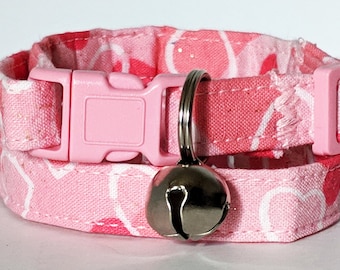 Valentines Cat Collar - Pink Fabric Kitten Collar with lots of Hearts- Girl Cat Collar-Breakaway Buckle & Removable Bell- Pink Cat Collar