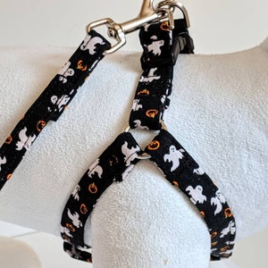 Small Halloween Fabric Dog Harness  & (optional) Leash with Ghosts and Pumpkins-Lightweight Step In Dog Harness-Boy or Girl Dog Harness