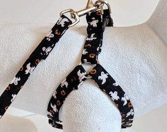 Small Halloween Fabric Dog Harness  & (optional) Leash with Ghosts and Pumpkins-Lightweight Step In Dog Harness-Boy or Girl Dog Harness