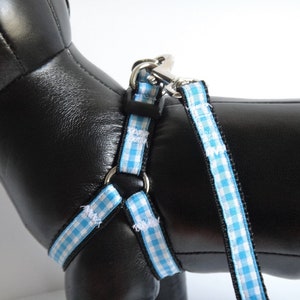 Small Dog Harness  & (optional) Leash- Lightweight Step In Dog Harness for a Boy or Girl- Blue Gingham Dog Harness-Toy Poodle, Chihuahua