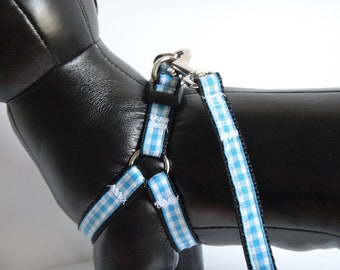 Small Dog Harness  & (optional) Leash- Lightweight Step In Dog Harness for a Boy or Girl- Blue Gingham Dog Harness-Toy Poodle, Chihuahua