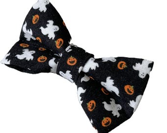 Small Halloween Dog or Cat Bow Tie - Black Slide on Collar Bow Tie with Ghosts and Pumpkins for Boy or Girl