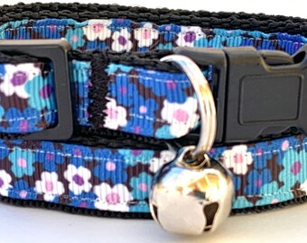 Blue Floral Cat / Kitten Collar - Girl Cat Collar with Flowers - Breakaway Buckle and Removable Bell