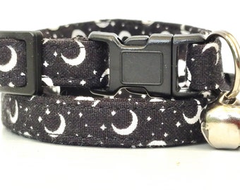 Celestial Fabric Cat Collar- Black and White Kitten Collar with Moon and Stars-Breakaway Cat Collar & Removable Bell