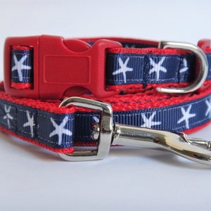 Small Dog Collar and (optional) Leash - Puppy Collar -  Red, White and Blue Dog Collar with Sea Stars -Lightweight Dog Collar-Yorkie, Poodle