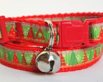 Christmas Cat Collar - Red and Green Kitten Collar with Christmas Trees -  Boy or Girl Holiday Cat Collar