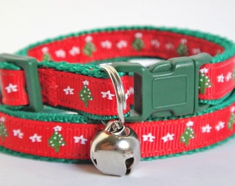 Christmas Cat Collar - Red and Green Kitten Collar with Christmas Trees and Stars -  Boy or Girl Holiday Cat Collar