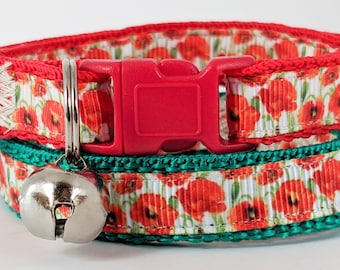 Girl Cat Collar - Kitten Collar - Floral Cat Collar with Poppies - Cat Collar with Breakaway Buckle & Removable Bell - Green or Red Option