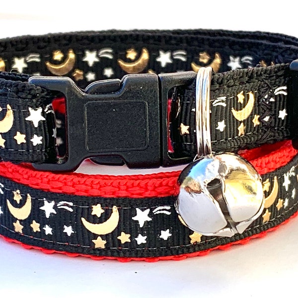 Celestial Cat / Kitten Collar with Stars and Moons - Red or Black with Breakaway Buckle and Removable Bell