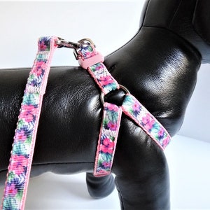 Small Floral Dog Harness  & (optional) Leash- Lightweight Step In Dog Harness with Hibiscus Flowers -Pink Hawaiian Shirt Themed Dog Harness