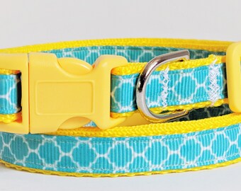 Small Dog Collar & (optional) Leash-Teal and Yellow Trefoil Puppy Collar-Girl Dog Collar-Lightweight Dog Collar-Yorkie, Toy Poodle, Chiuahua