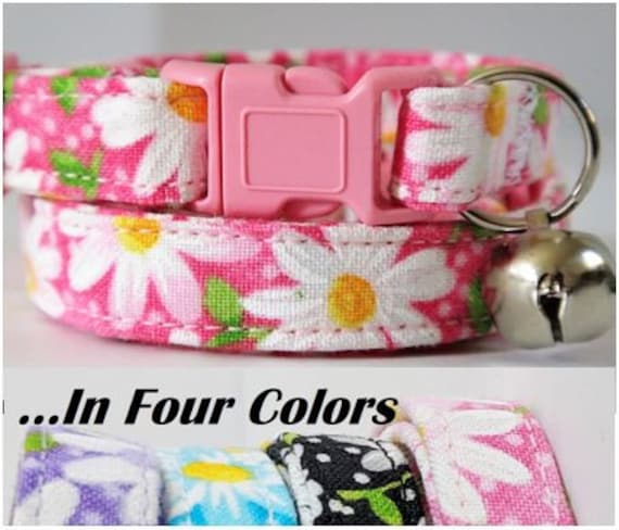 Fabric Cat Collar-Kitten Collar-Pink Cat Collar with White Daisies- Girl Cat Collar-Breakaway Buckle -Pink, Purple, Black or Blue Cat Collar