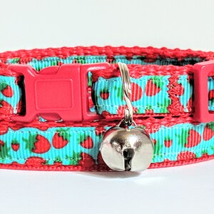 Strawberry Cat Collar - Fruit Kitten Collar - Cat Collar with Breakaway Buckle and Removable Bell - Teal and Red Strawberry Cat Collar