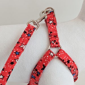 Small Fabric Dog Harness  & (optional) Leash - Red, White and Blue Dog Harness with Stars- Boy or Girl Lightweight Step In Dog Harness