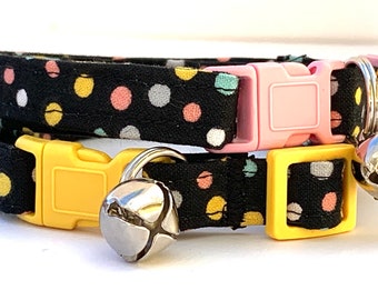 Fabric Cat or Kitten Collar  with Colorful Polka Dots- Breakaway Buckle and Removable Bell-Black, Pink and Yellow Cat Collar