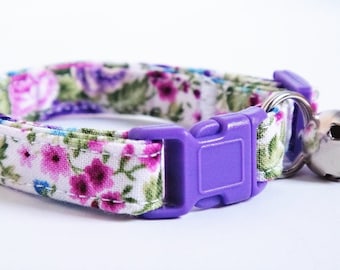 Fabric Cat Collar - Kitten Collar - Colorful Cat Collar with Flowers - Breakaway Buckle and Removable Bell-Black, Pink and Purple Cat Collar