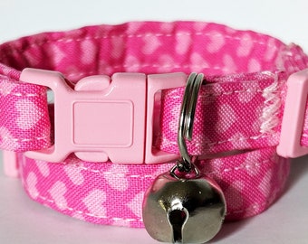 Girl Cat Collar - Pink Fabric Kitten Collar with Tiny Pink Hearts- Valentines Cat Collar-Breakaway Buckle & Removable Bell- Pink Cat Collar