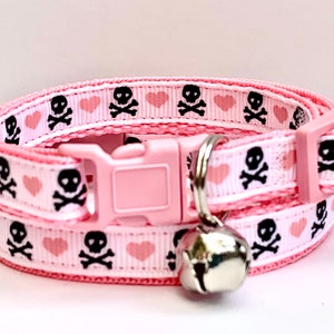 Girl Cat or Kitten Collar with Skulls and Crossbones- Collar with Breakaway Buckle and Removable Bell - Pink Cat Collar