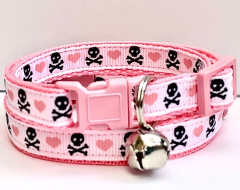 Girl Cat or Kitten Collar with Skulls and Crossbones- Collar with Breakaway Buckle and Removable Bell - Pink Cat Collar