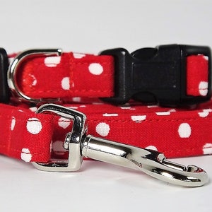 Small Dog Collar and (optional) Leash - Puppy Collar -  Red and White Polka Dot Dog Collar and Leash - Teacup Yorkie, Toy Poodle