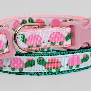 Small Dog Collar and (optional) Leash with Turtles - Puppy Collar - Pink or Green  Dog Collar with Reptiles -  Tiny Breeds