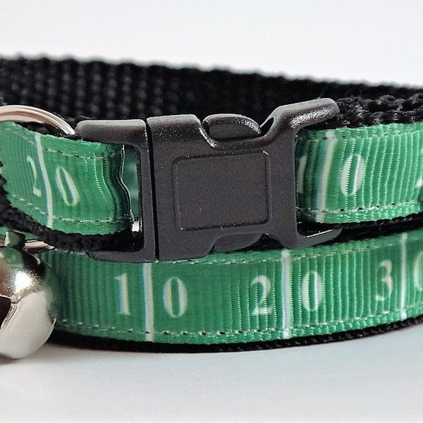 Cat Collar - Kitten Collar - Football Pet Collar with Breakaway Buckle and Removable Bell - Green Yard Line Cat Collar