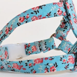 Small Fabric Dog Harness  & (optional) Leash-Lightweight Step In Dog Harness-Blue and Peach Floral Girl Dog Harness - Pretty Dog Harness