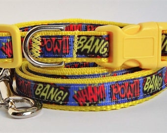 May include: Yellow dog collar and leash with a blue background and red, yellow, and black comic book words like "POW!" and "BANG!"