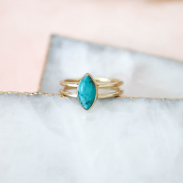 Dainty Turquoise Ring, Marquise Turquoise Ring, Turquoise Ring Gold, Dainty Ring, Double Band Ring, 14k Gold Vermeil Ring, Gift for her