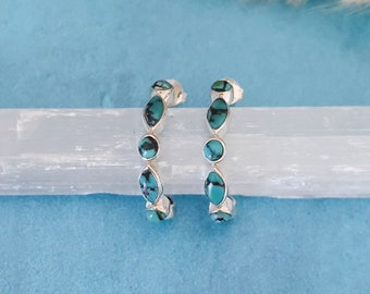 Sterling Silver Turquoise Hoop Earrings, December Birthstone