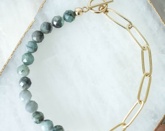 Gold Emerald Bracelet, Paperclip Chain Beaded Bracelet, Beaded Bracelet, Gold Filled Bracelet, Emerald Bracelet, May Birthstone