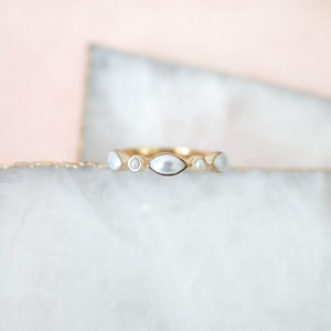 Dainty Pearl Ring, Multi Stone Ring, Gold Pearl Ring, Stackable Pearl Ring, 14k Gold Vermeil Ring, June Birthstone Ring, Sister Gift