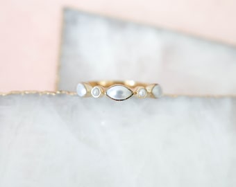 Dainty Pearl Ring, Multi Stone Ring, Gold Pearl Ring, Stackable Pearl Ring, 14k Gold Vermeil Ring, June Birthstone Ring, Sister Gift