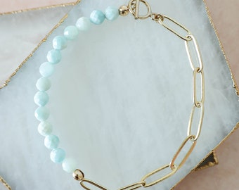 Gold Larimar Bracelet, Paperclip Chain Beaded Bracelet, Beaded and Gold Bracelet, Gold Filled Bracelet, Larimar Bracelet, Jewelry for Her