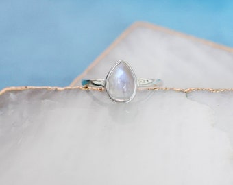 Moonstone Stacking Ring, Rainbow Moonstone Ring, Moonstone Ring Sterling Silver, Teardrop Moonstone Ring, Sterling Silver Ring, Dainty Ring