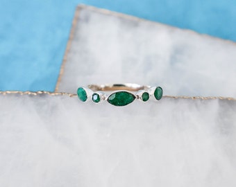 Dainty Emerald Ring in Sterling Silver • Stackable Multi-Stone Band • Gift for Her • May Birthstone