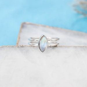 Dainty Moonstone Ring, Marquise Moonstone Ring, Dainty Silver Ring, Rainbow Moonstone Ring, Double Band Ring, 925 Sterling Silver Ring