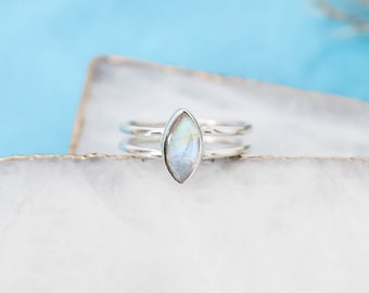Marquise Rainbow Moonstone Ring, Double Band, 925 Sterling Silver
