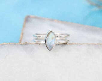 Dainty Moonstone Ring, Marquise Moonstone Ring, Dainty Silver Ring, Rainbow Moonstone Ring, Double Band Ring, 925 Sterling Silver Ring