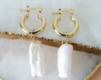 Dangle Pearl Hoop Earrings, Freshwater Pearl Hoop Earrings, Gold Filled Hoop Earrings, Wedding Earrings, Bridesmaid Gift