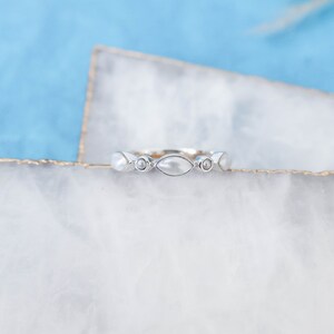 Dainty Pearl Ring in Sterling Silver • Stackable Multi-Stone Band • Gift for Her • June Birthstone