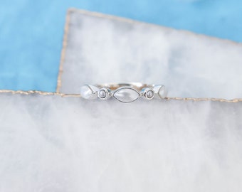 Dainty Pearl Ring in Sterling Silver • Stackable Multi-Stone Band • Gift for Her • June Birthstone