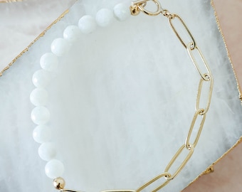 Gold Moonstone Bracelet, Paperclip Chain Beaded Bracelet, Beaded Bracelet, Gold Filled Bracelet, Moonstone Bracelet, Jewelry for Her