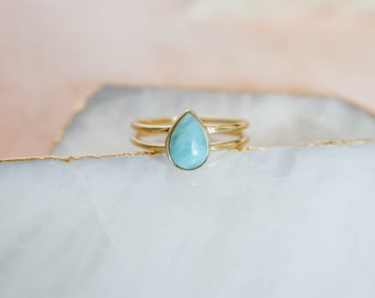 Gold Larimar Ring, Dainty Larimar Ring, Double Band Gold Ring, Larimar Pear Ring, 14k Gold Vermeil Ring, Gifts for Women