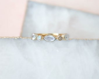 Dainty Moonstone Ring, Multi Stone Ring, Gold Moonstone Ring, Rainbow Moonstone Ring, 14k Gold Vermeil Ring, June Birthstone Ring