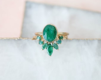 Emerald Ring Set, Gold Emerald Ring, Two Ring Set, Emerald Ring Stack, Stackable Ring, 14k Gold Vermeil Ring, May Birthstone Jewelry