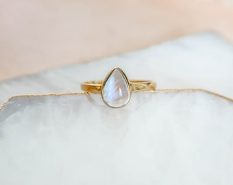 Gold Moonstone Ring, Stackable Gold Ring, Pear Ring, Rainbow Moonstone Ring, 14k Gold Vermeil Ring, Dainty Ring, Jewelry For Women