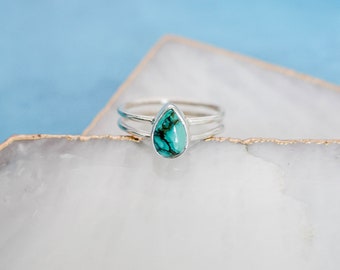 Dainty Turquoise Ring, Turquoise Silver Ring, Double Band Silver Ring, Turquoise Pear Ring, Sterling Silver Ring, Gifts for Women