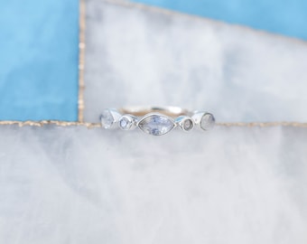 Dainty Moonstone Ring in Sterling Silver • Stackable Multi-Stone Band • Gift for Her • June Birthstone