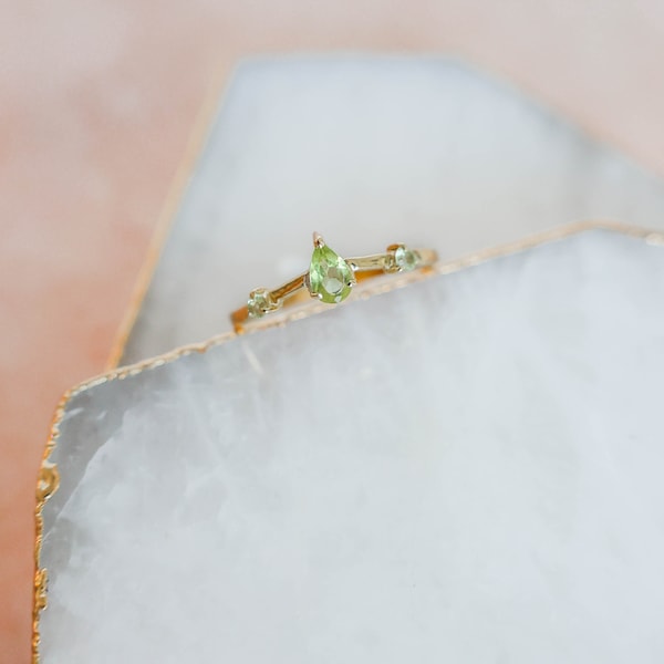 Dainty Peridot stacking ring, 14k gold vermeil ring, dainty pear and round shaped ring